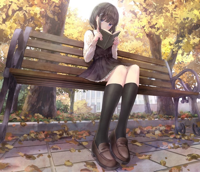 Anime girl reading a book on a park bench in autumn
