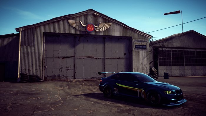 Blue BMW M3 in front of a hangar, Need for Speed Payback