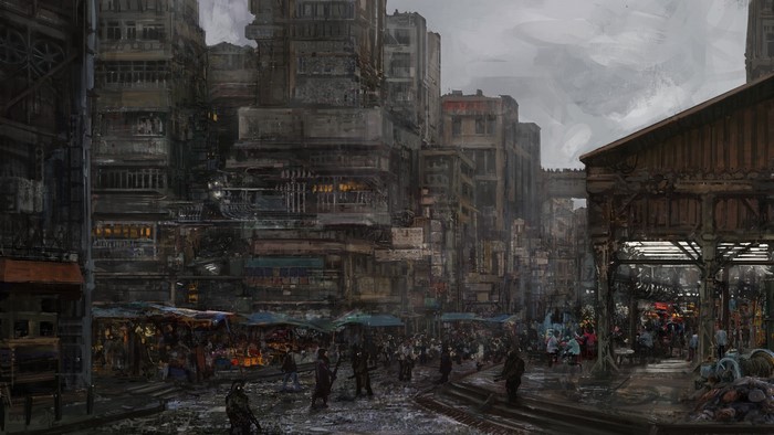 Futuristic city street market with people and buildings