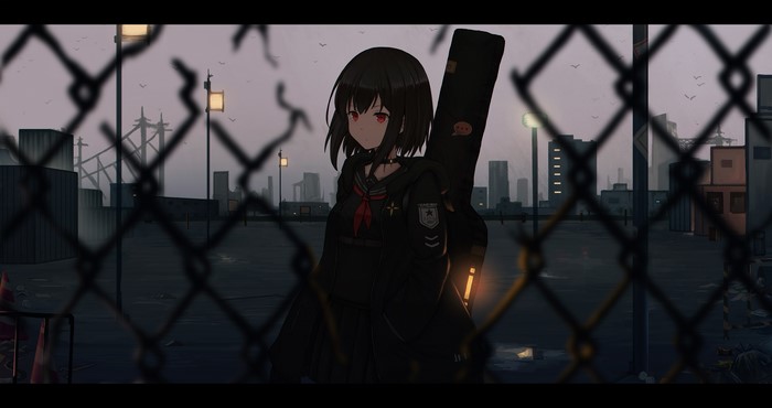 Anime girl with guitar case in urban setting