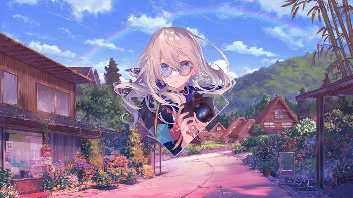 Anime girl with silver hair and glasses holding a camera