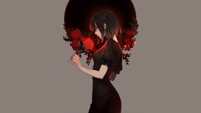 Anime girl in black dress holding a red rose