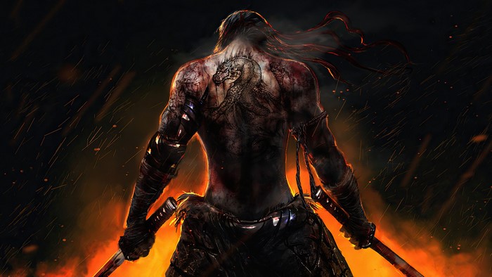 Warrior with dragon tattoo and swords in fire