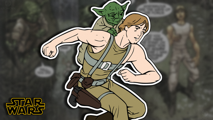 Luke Skywalker and Yoda from Star Wars on Dagobah
