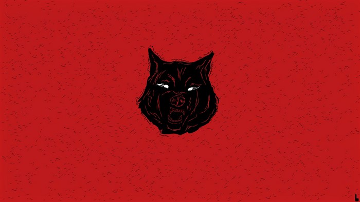 Black wolf illustration on red background