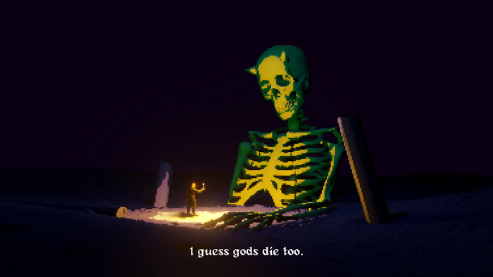 Giant skeleton with horns and a small figure holding a torch