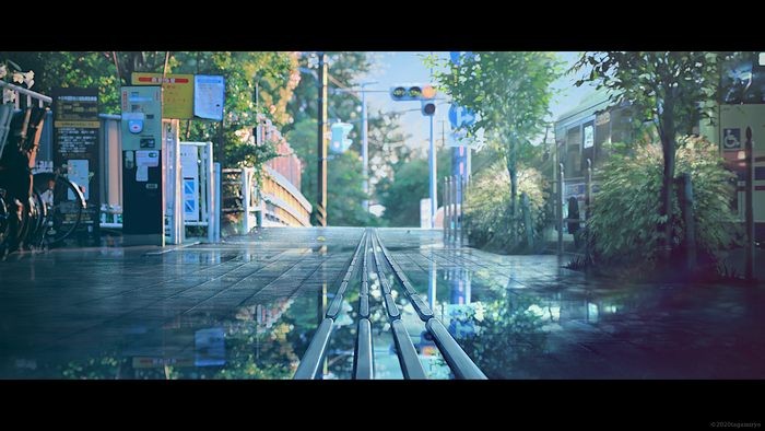 Street with train tracks and traffic lights after rain
