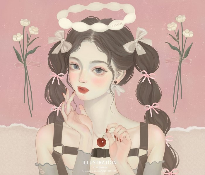 Illustration of a woman with cherries and flowers