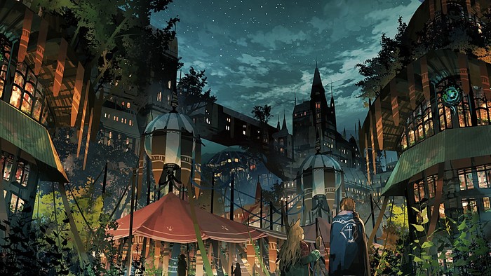Fantasy Cityscape at Night with Two Figures