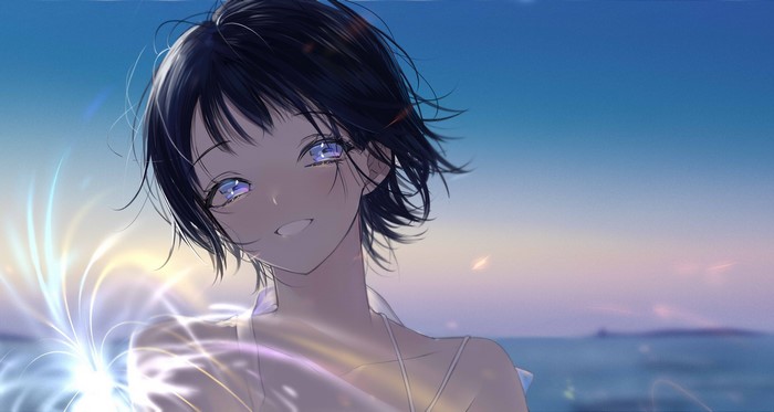 Anime girl with dark hair and blue eyes smiling