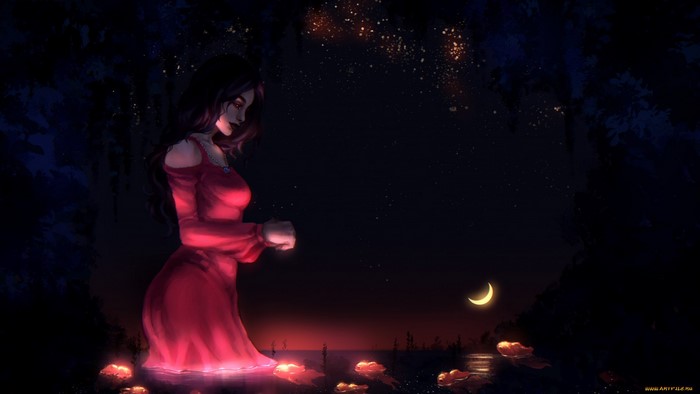 Fantasy girl in red dress under crescent moon