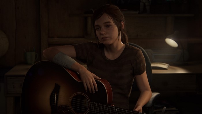 Ellie from The Last of Us Part II with a guitar