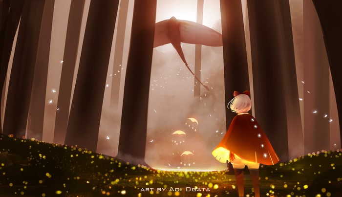 Girl in a forest with a flying creature