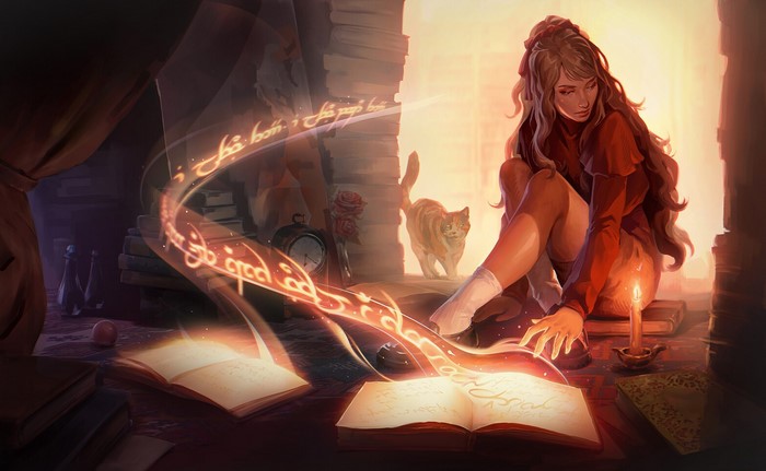 Fantasy girl reading magic book with cat and candle
