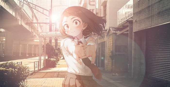 Ochako Uraraka from Boku no Hero Academia in a city street