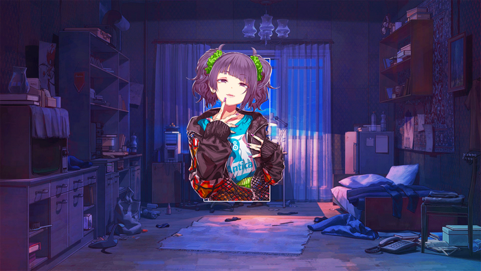 Anime girl with purple hair in a messy room
