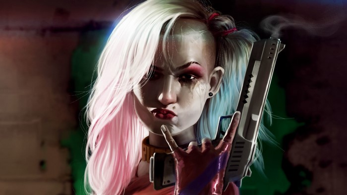 Harley Quinn with gun in futuristic style