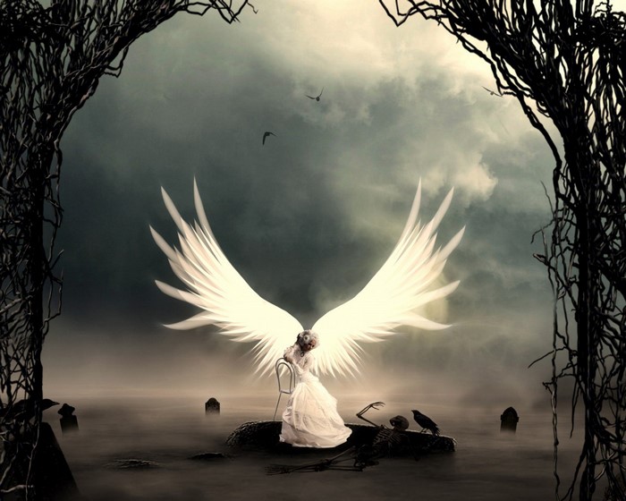 Angel with wings in a graveyard with a skeleton and crow
