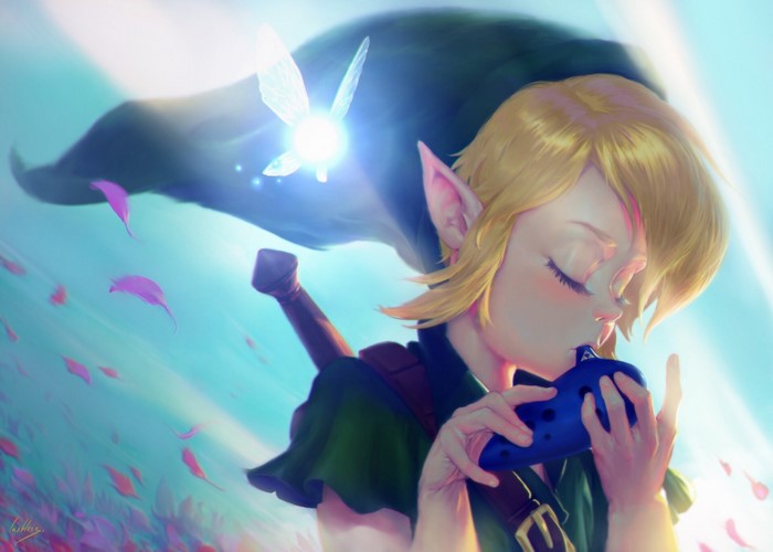 Link playing Ocarina with Navi from The Legend of Zelda