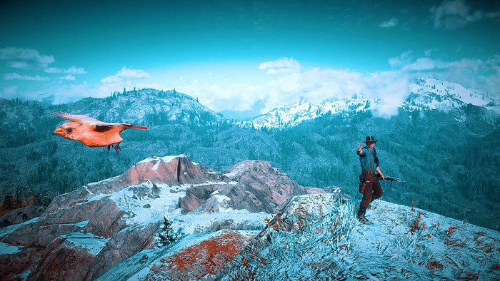 Red Dead Redemption 2 screenshot with bird and cowboy