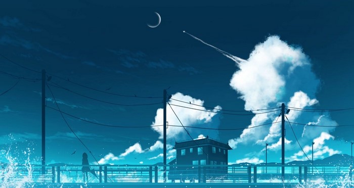 Anime scene with a girl on a pier at night