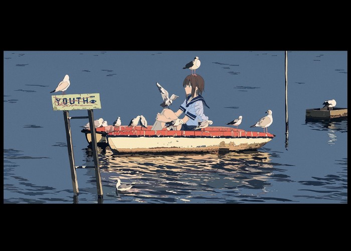 Anime girl in school uniform on a boat with seagulls