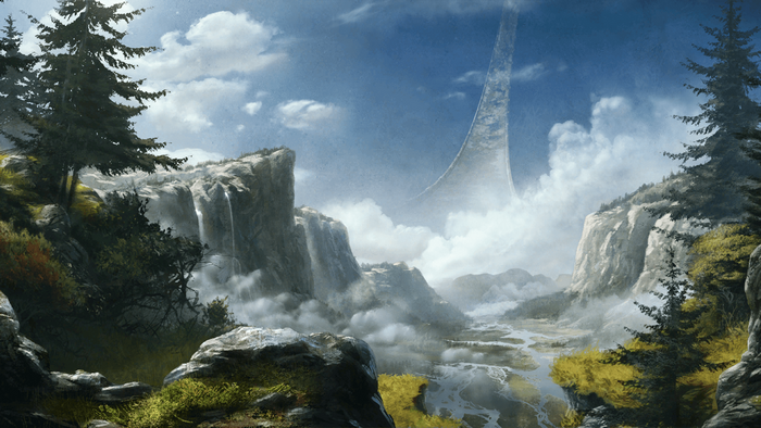 Halo Ring in a Mountainous Landscape with Waterfalls