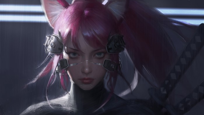 Cyberpunk Cat Girl with Pink Hair and Katana
