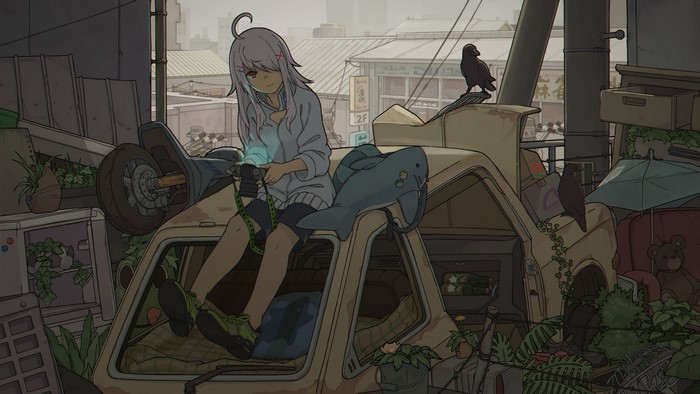 Anime girl with white hair and red eyes holding a camera