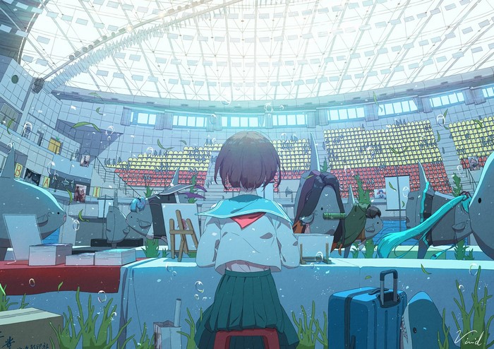 Anime girls and sharks in an underwater stadium