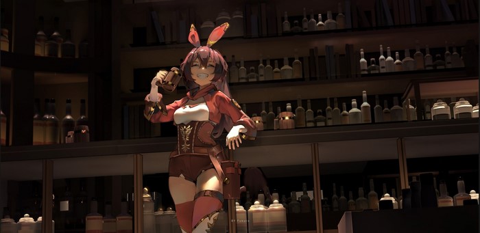 Amber from Genshin Impact drinking at a bar