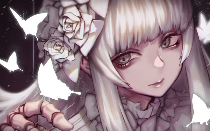 Anime girl with white hair and gray eyes with butterflies