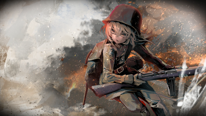Tanya Degurechaff from Youjo Senki in military uniform with a rifle