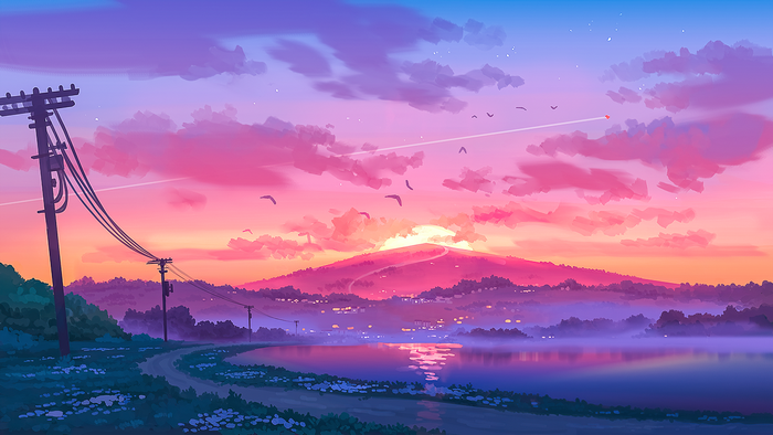 Digital art of a sunset over a lake with power lines