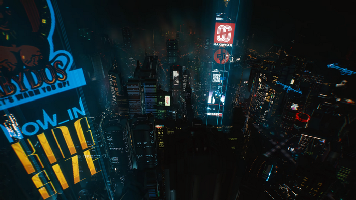 Cyberpunk 2077 Night City cityscape with neon signs
