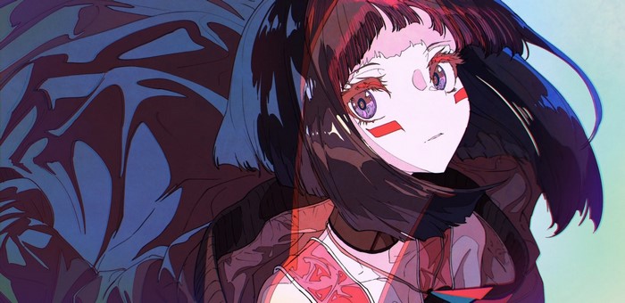 Anime girl with black hair and purple eyes