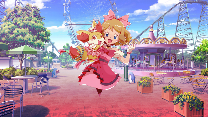 Serena and Fennekin at an amusement park