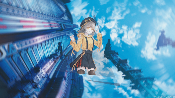 Anime girl in yellow hoodie and skirt