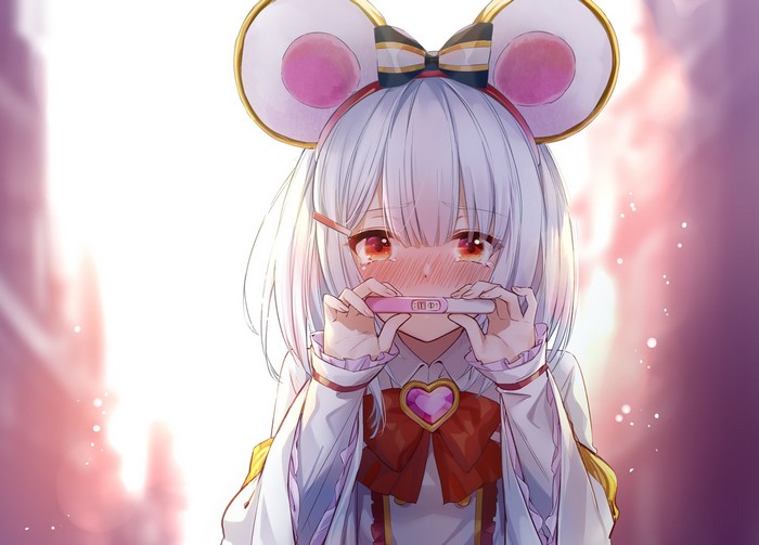 Anime girl with mouse ears holding pregnancy test