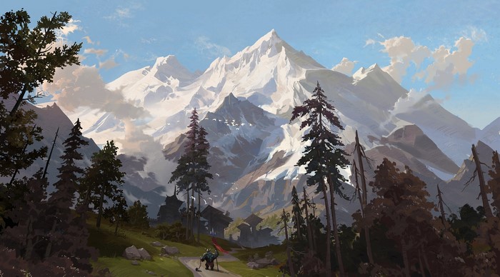 Dwarf walking towards mountains with trees and clouds