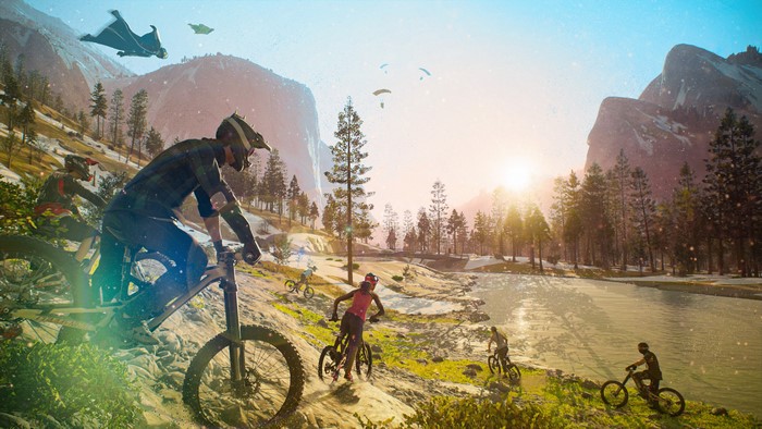 4K Riders Republic mountain bikers and wingsuit flyers