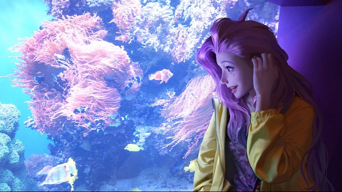 Seraphine from League of Legends at an aquarium