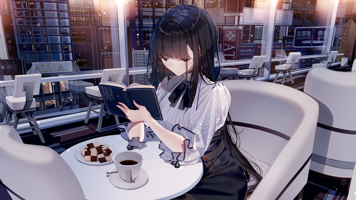 Anime girl reading a book in a restaurant