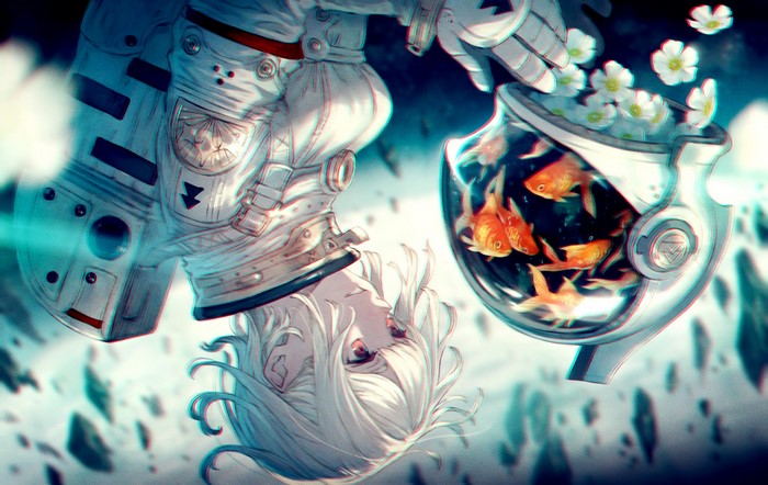 Anime girl in space suit with goldfish aquarium