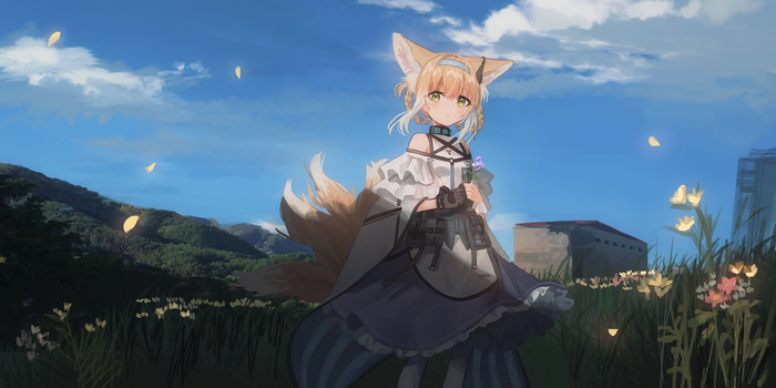 Chihuri 45 from Arknights with fox ears and tail