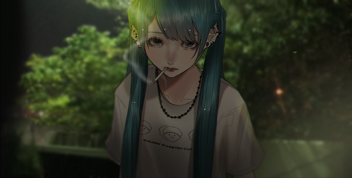 Anime girl with aqua twintails smoking outdoors