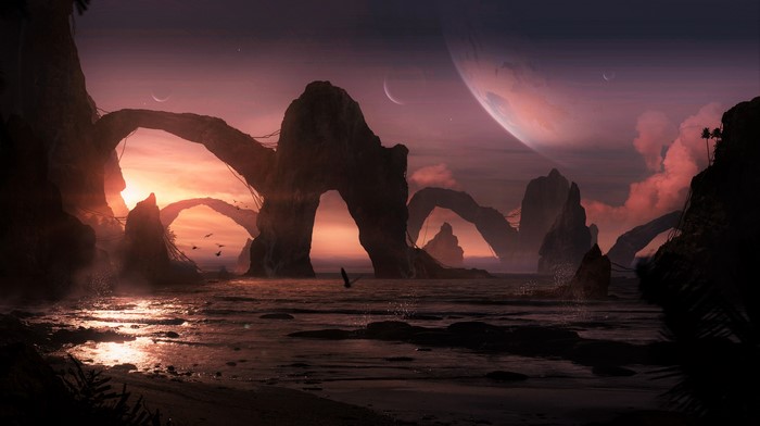 Alien planet sunset with rock arches and moons