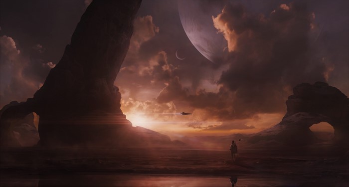 Sci-fi landscape with a lone figure and spacecraft