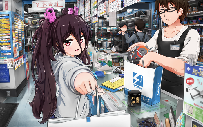 Anime girl at electronics store with AMD and Intel products