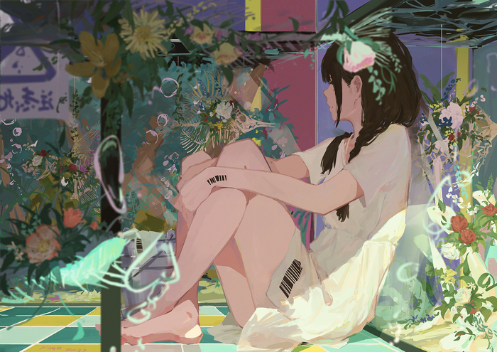 Anime girl with flowers in an aquarium